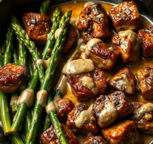 The Ultimate Keto Dinner: Creamy Garlic Steak & Asparagus Skillet